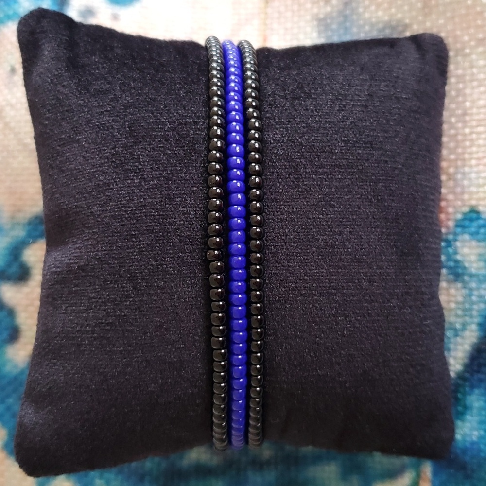 Seed Bead Stack Stretch Bracelets "Blue Line" - Picture 3 of 16